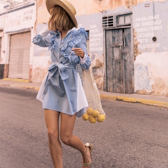Marissa Webb ruffle striped blue sleeve dress - Picture 5 of 7